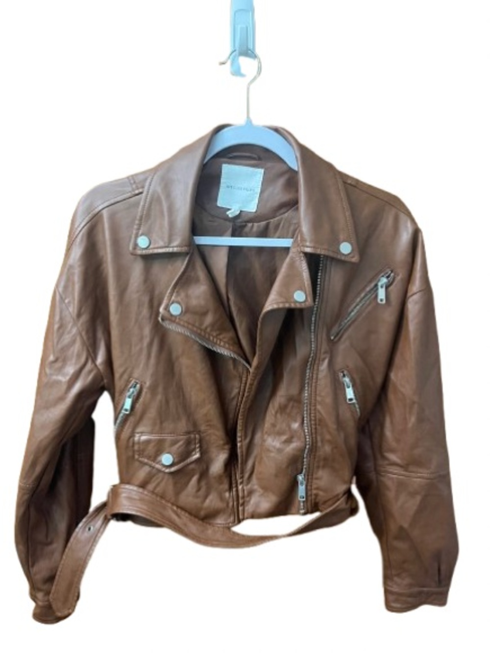 Avec Les Filles Camel Brown Vegan Leather Belted Biker Moto Jacket